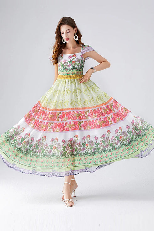 Runway Fashion Bohemain Chiffon Enchanting Floral Print, Slash Neck, High Waist, Big Swing Party, Cocktail, Holiday Maxi Dress